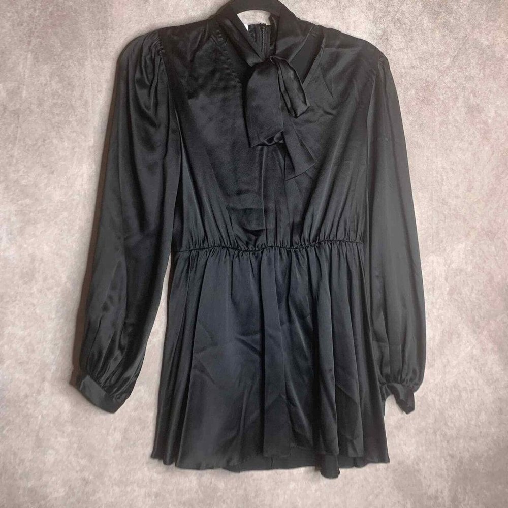 CO COLLECTION Blouse Top Size XS Black Silk Tie Neck Long Sleeves Babydoll